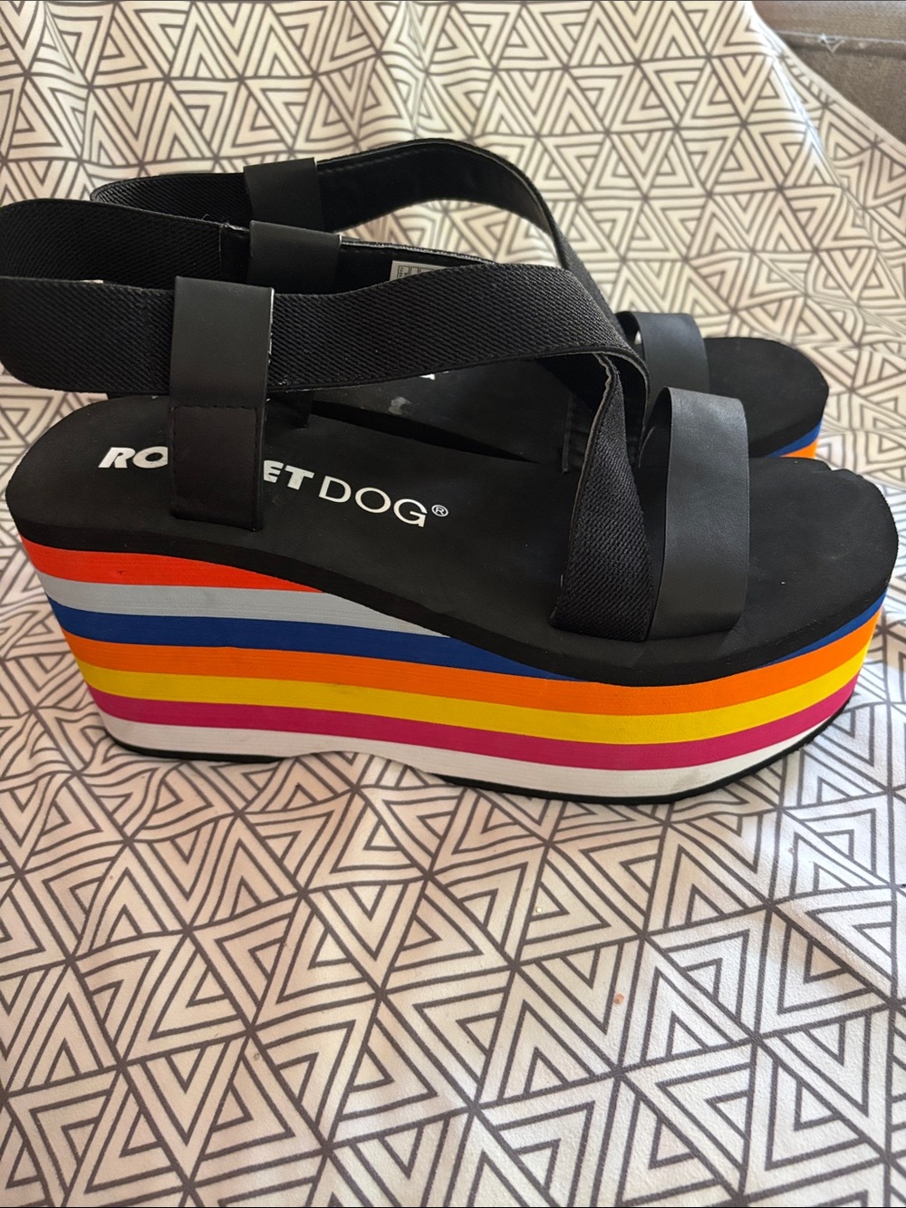 Rocket Dog Black Platform Sandals with Multicolor Rainbow Stripes - Picture 3 of 9